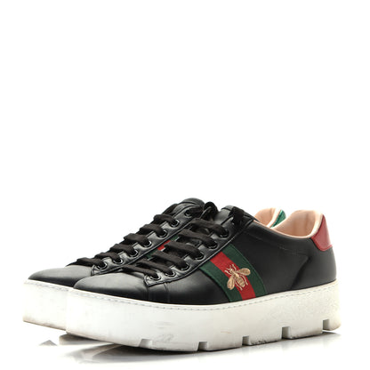 Gucci Calfskin Web Bee Embroidered Womens Ace Platform Sneakers 39 Black 3 of 8
