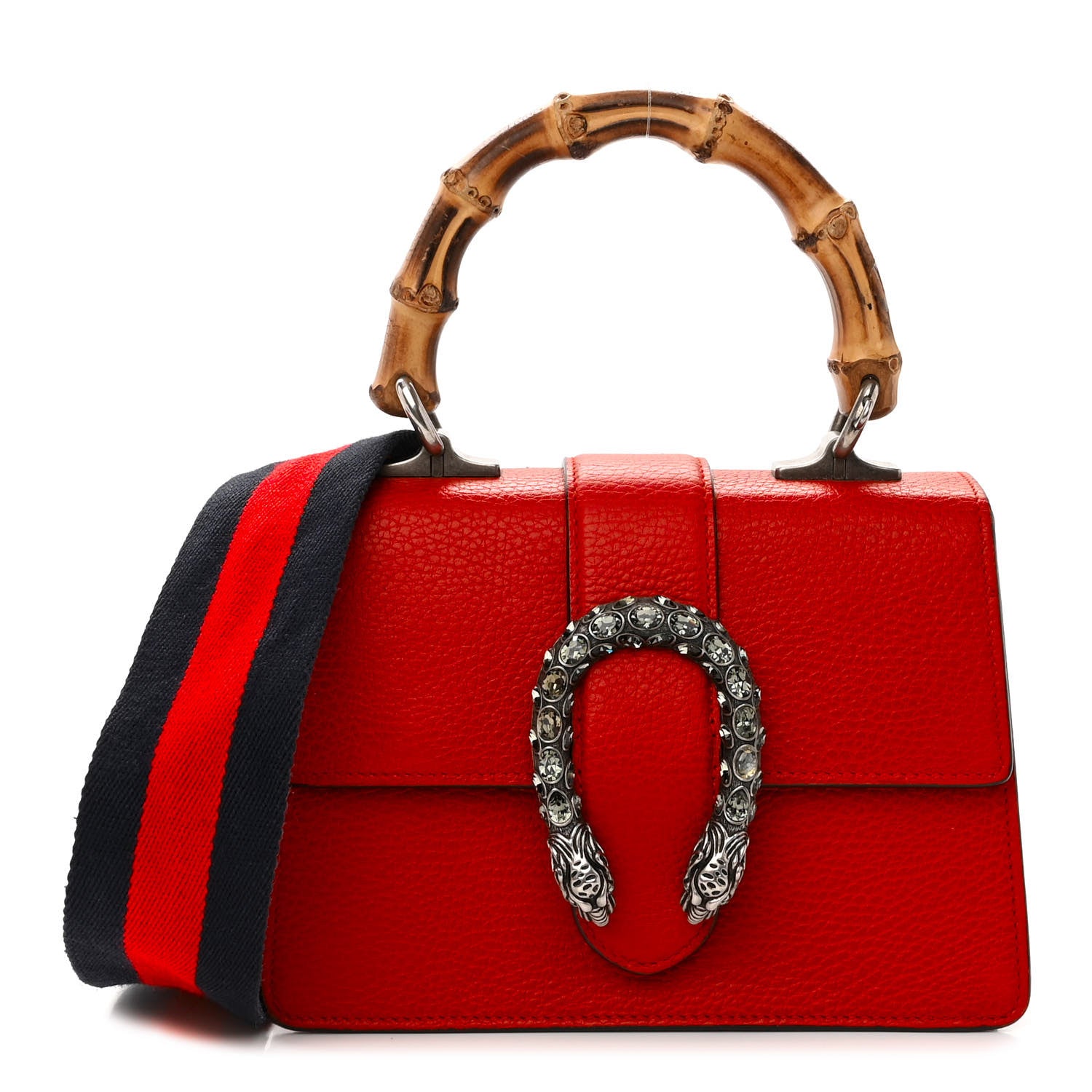 Gucci Dollar Calfskin Crystal Web Mini Dionysus Bamboo Top Handle Bag Hibiscus Red 1 of 15