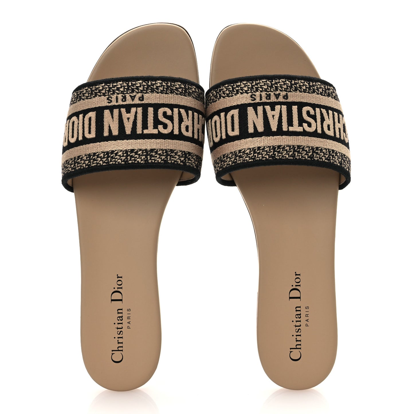 Canvas Embroidered Dway Flat Slide Sandals 40 Black Beige