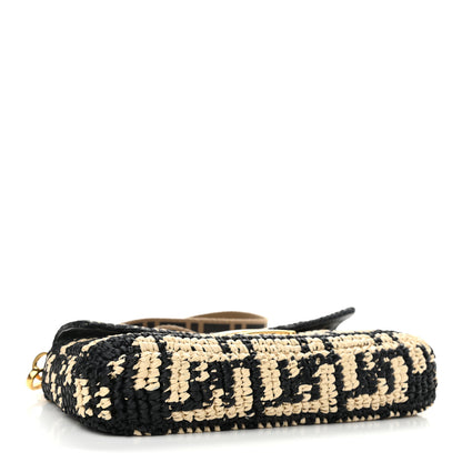 Fendi Raffia Vitello Dolce FF 1974 Crochet Baguette Black Natural 4 of 10