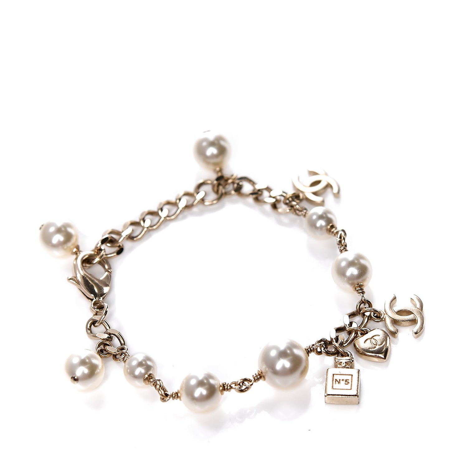 Pearl Bead CC Charm Bracelet Light Gold
