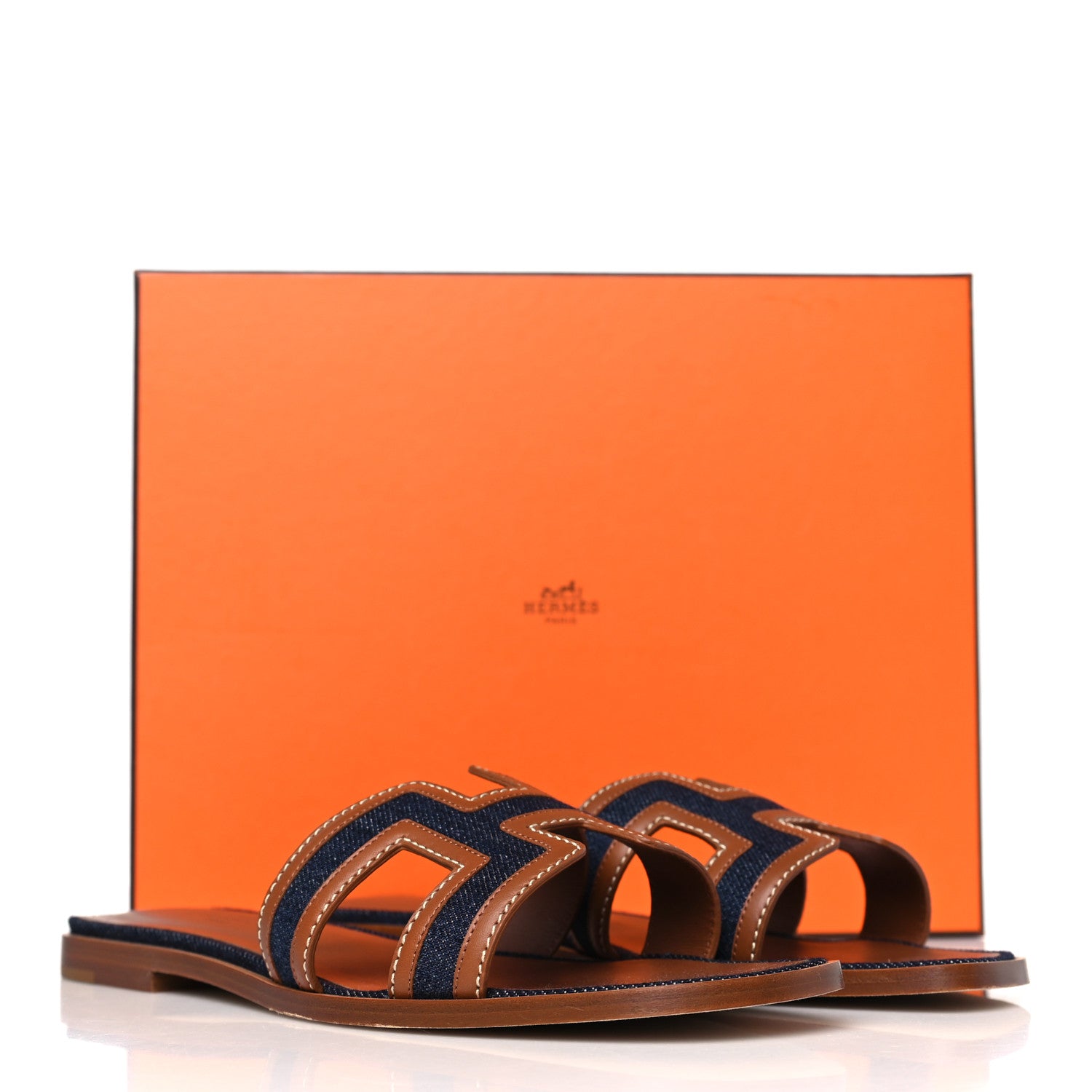 Hermes Calfskin Denim Oran Sandals 38.5 Bleu Brut Gold 8 of 8