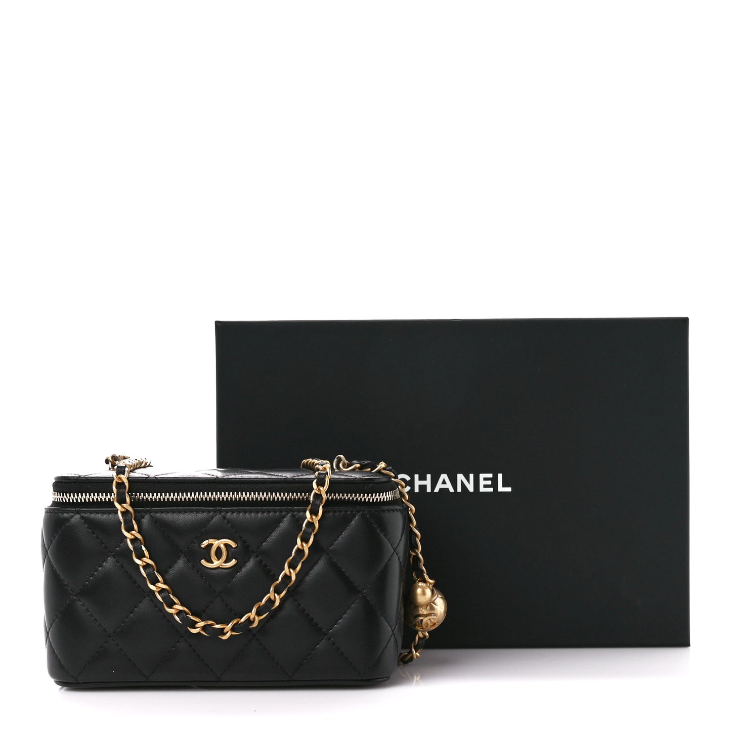 Lambskin Quilted Pearl Crush Small Vanity Case With Chain Black