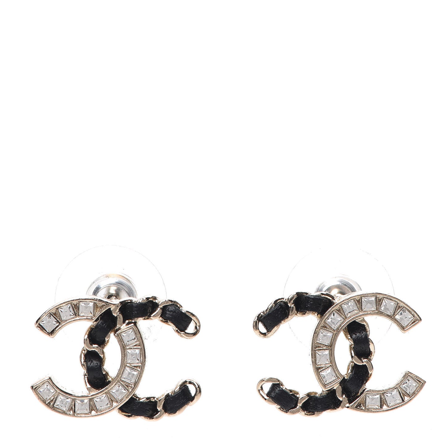 Crystal Baguette Lambskin Chain CC Vintage Allure Stud Earrings Black Gold