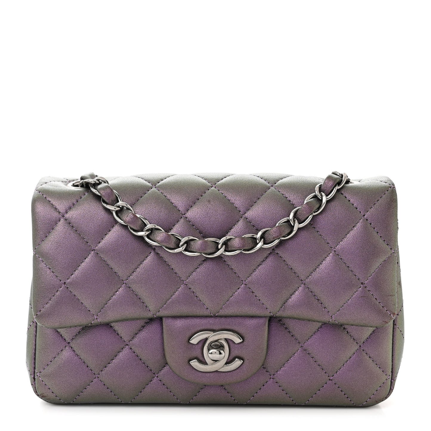 Iridescent Lambskin Quilted Mini Rectangular Flap Dark Purple