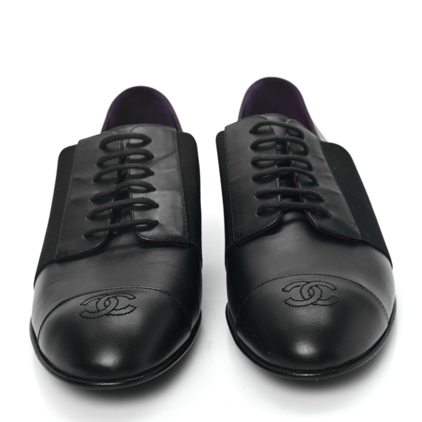 Calfskin Elastic Lace Up Cap Toe CC Loafers 38.5 Black