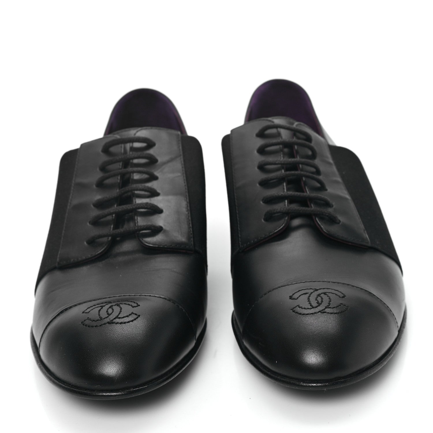 Chanel Calfskin Elastic Lace Up Cap Toe CC Loafers 38.5 Black 2 of 10
