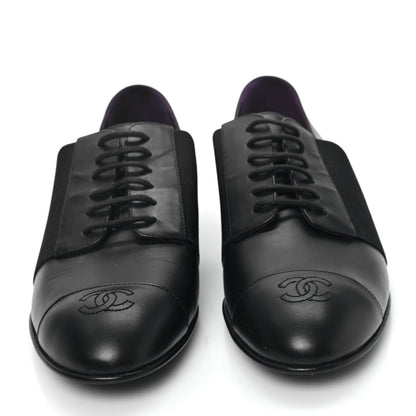 Chanel Calfskin Elastic Lace Up Cap Toe CC Loafers 38.5 Black 2 of 10