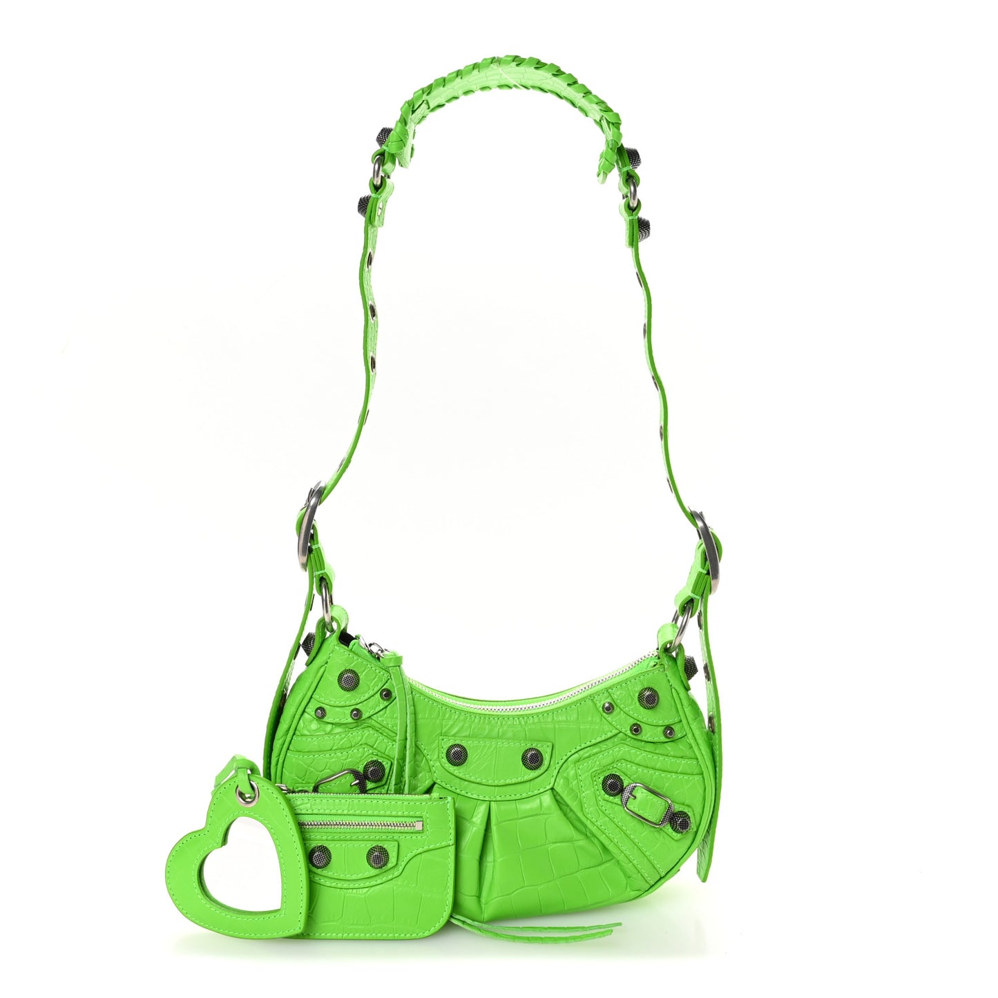 Extra Supple Calfskin Crocodile Embossed Le Cagole Shoulder Bag XS Acid Green