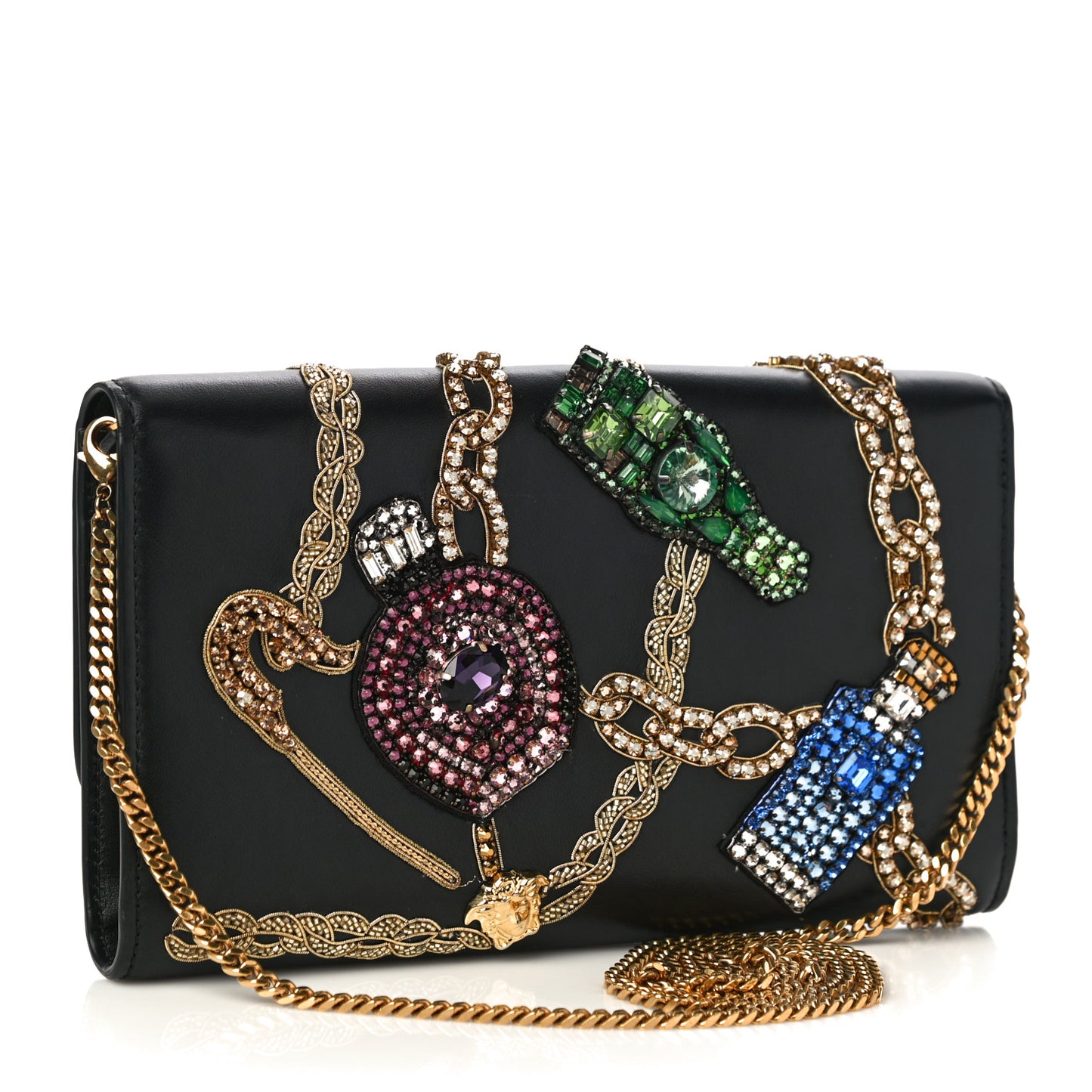 Nappa Crystal Embroidered Medusa Wallet on Chain Crossbody Black