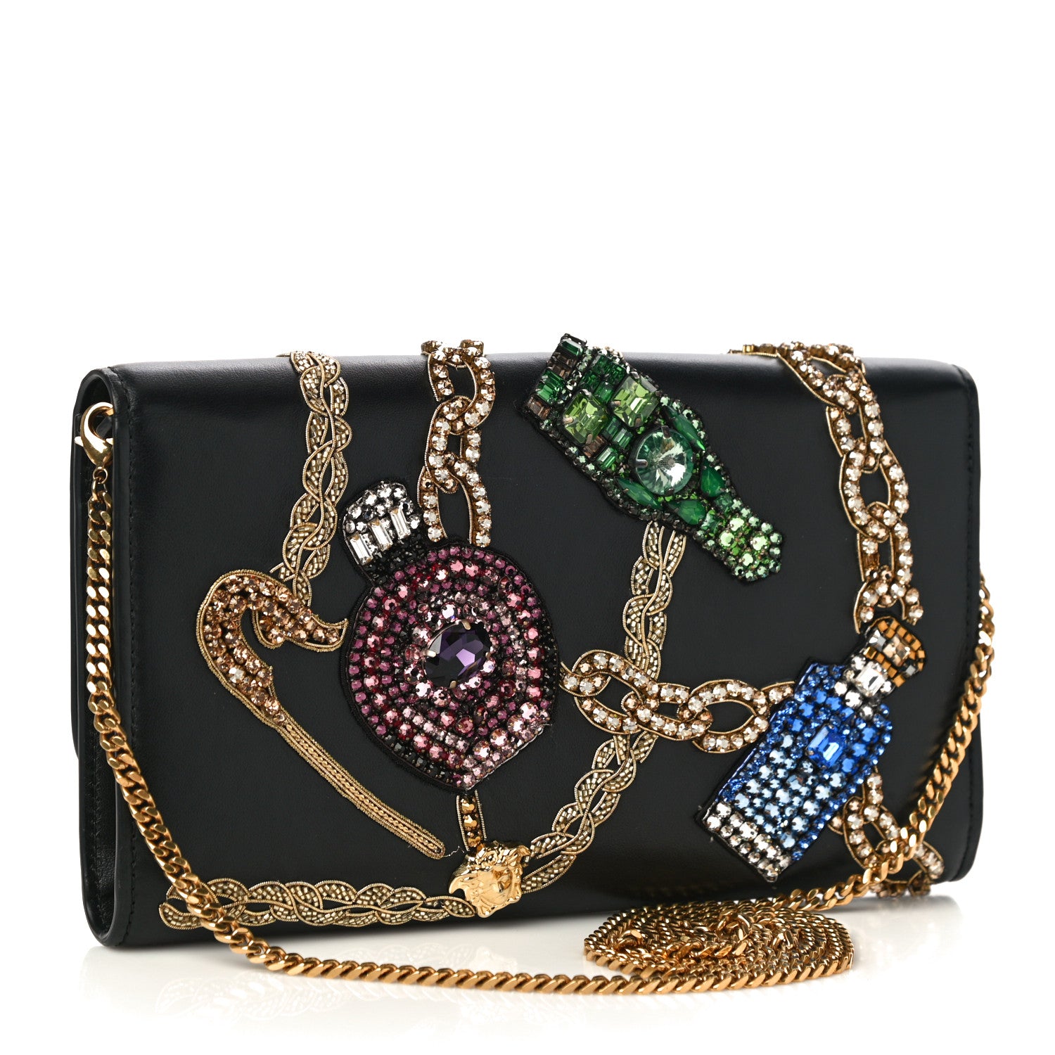Versace Nappa Crystal Embroidered Medusa Wallet on Chain Crossbody Black 3 of 10