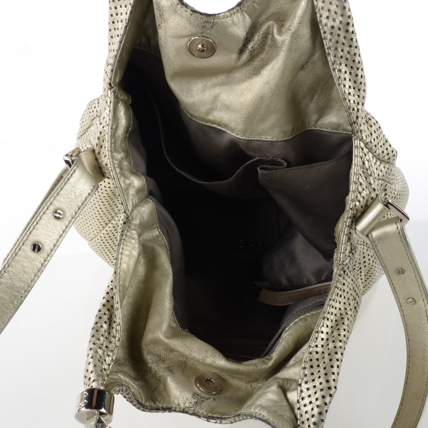 Metallic Glazed Calfskin Perforated Large Rodeo Drive Tote Silver