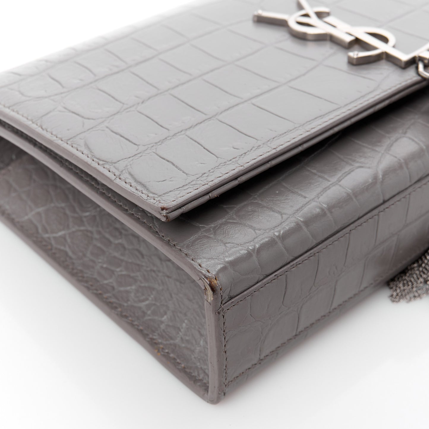 SAINT LAURENT Calfskin Crocodile Embossed Medium Classic Monogram Kate Tassel Satchel Fog