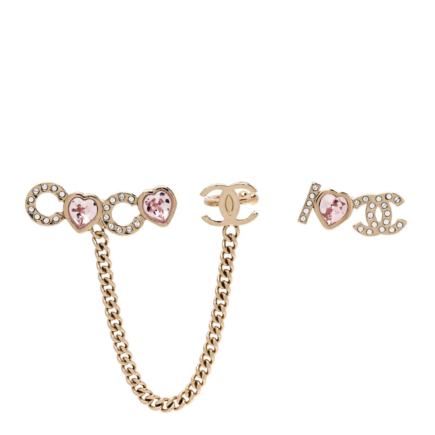 Metal Strass I Love Coco Heart Chain Climber Earrings Gold Pink