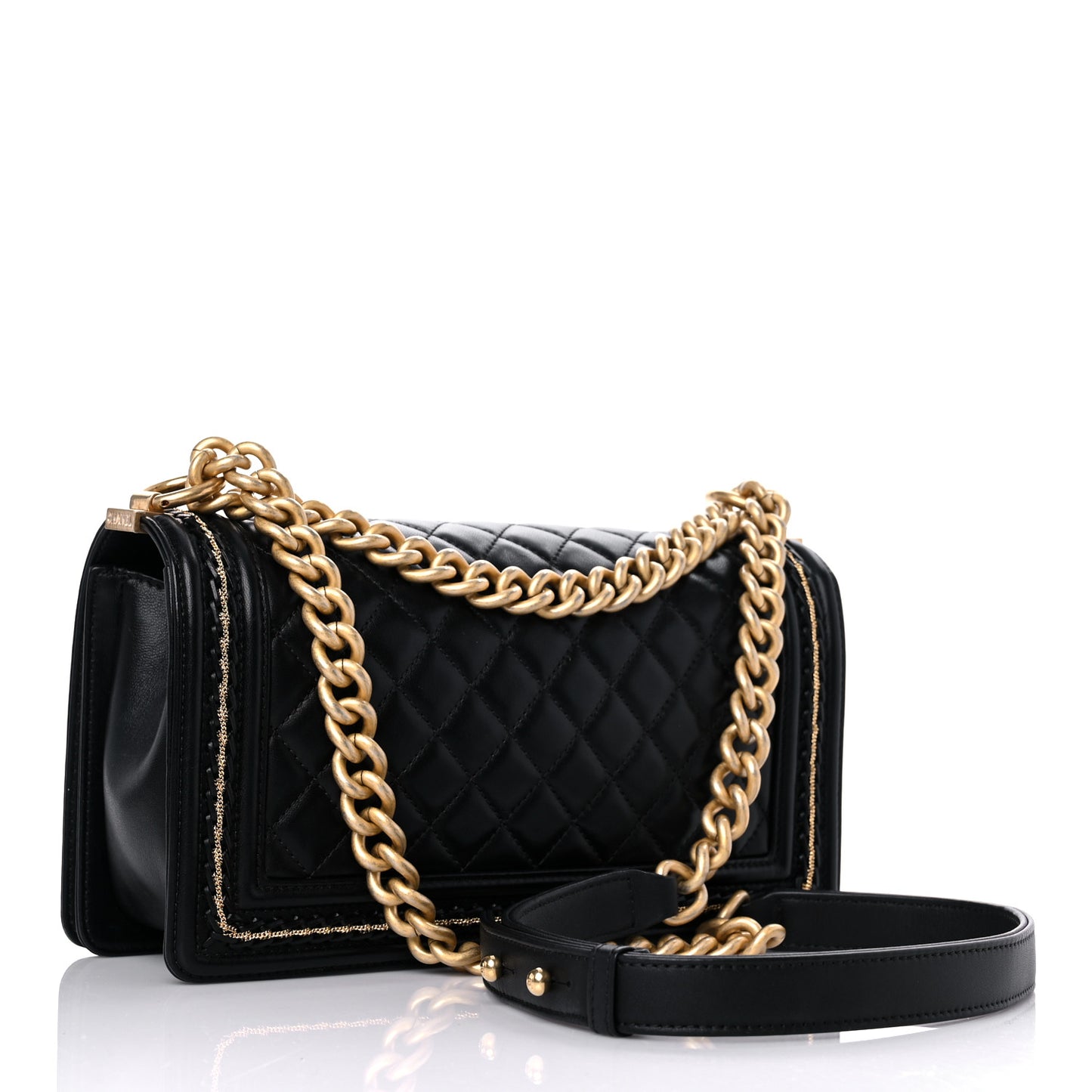 Lambskin Quilted Medium Chain Detail Boy Flap Black