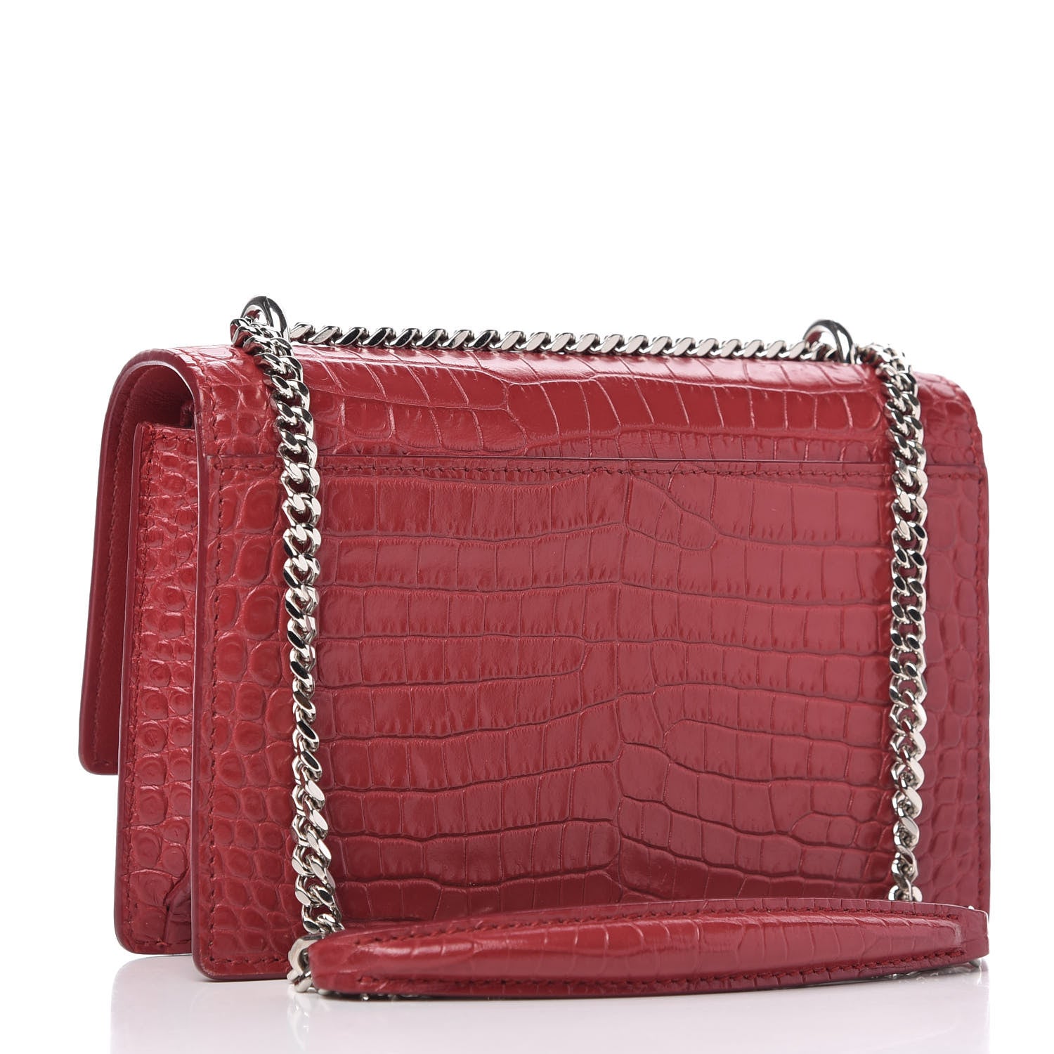 Saint Laurent Calfskin Crocodile Embossed Monogram Sunset Chain Wallet New Lipstick Red 3 of 9