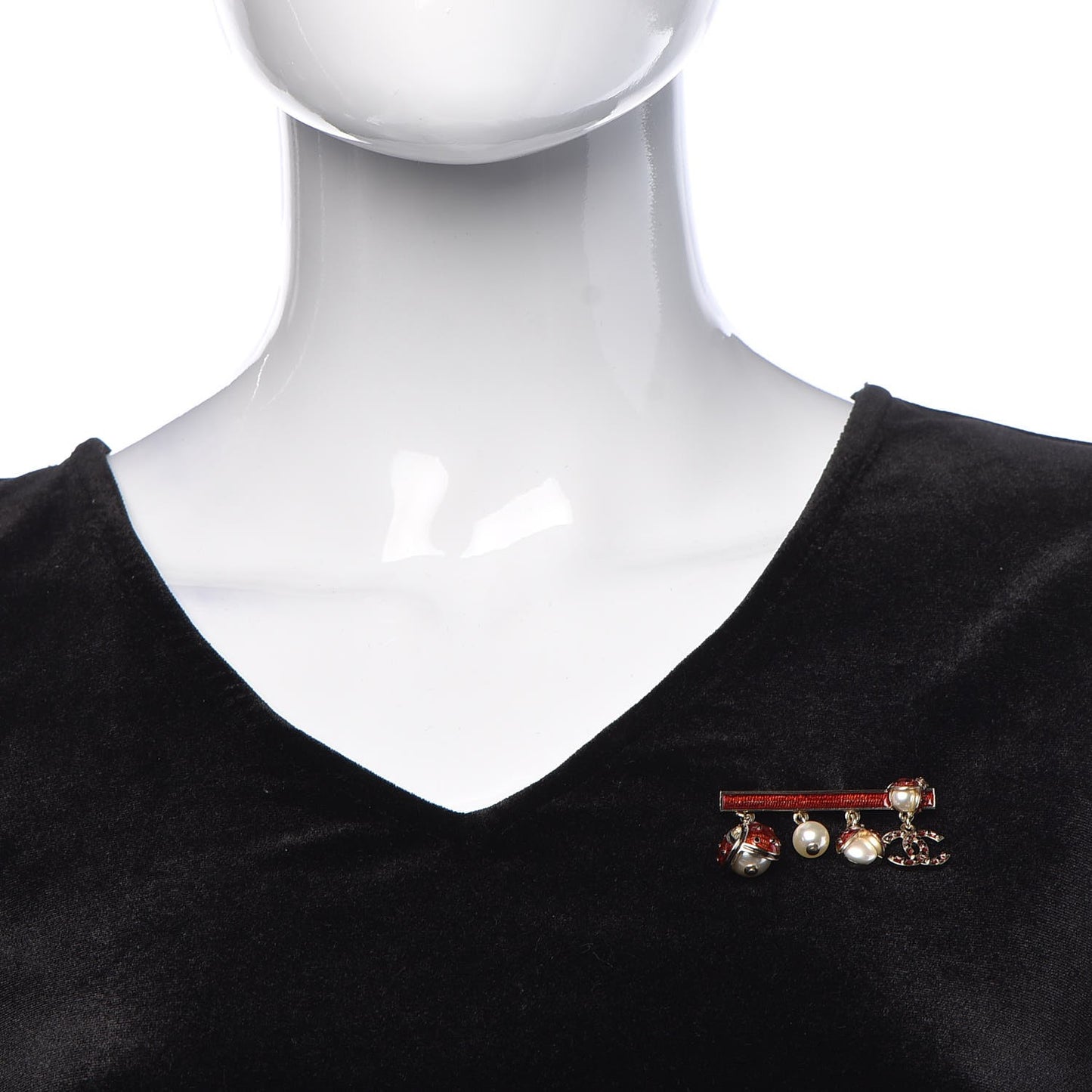 Enamel Pearl CC Ladybug Brooch Red Gold