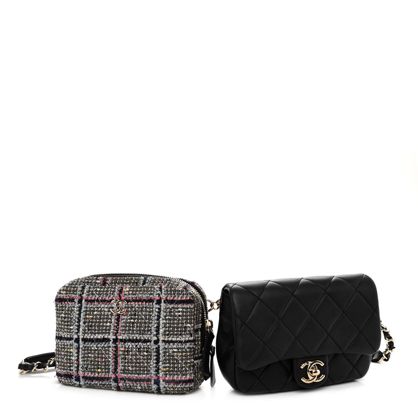 Tweed Lambskin Quilted Double Belt Bag Black