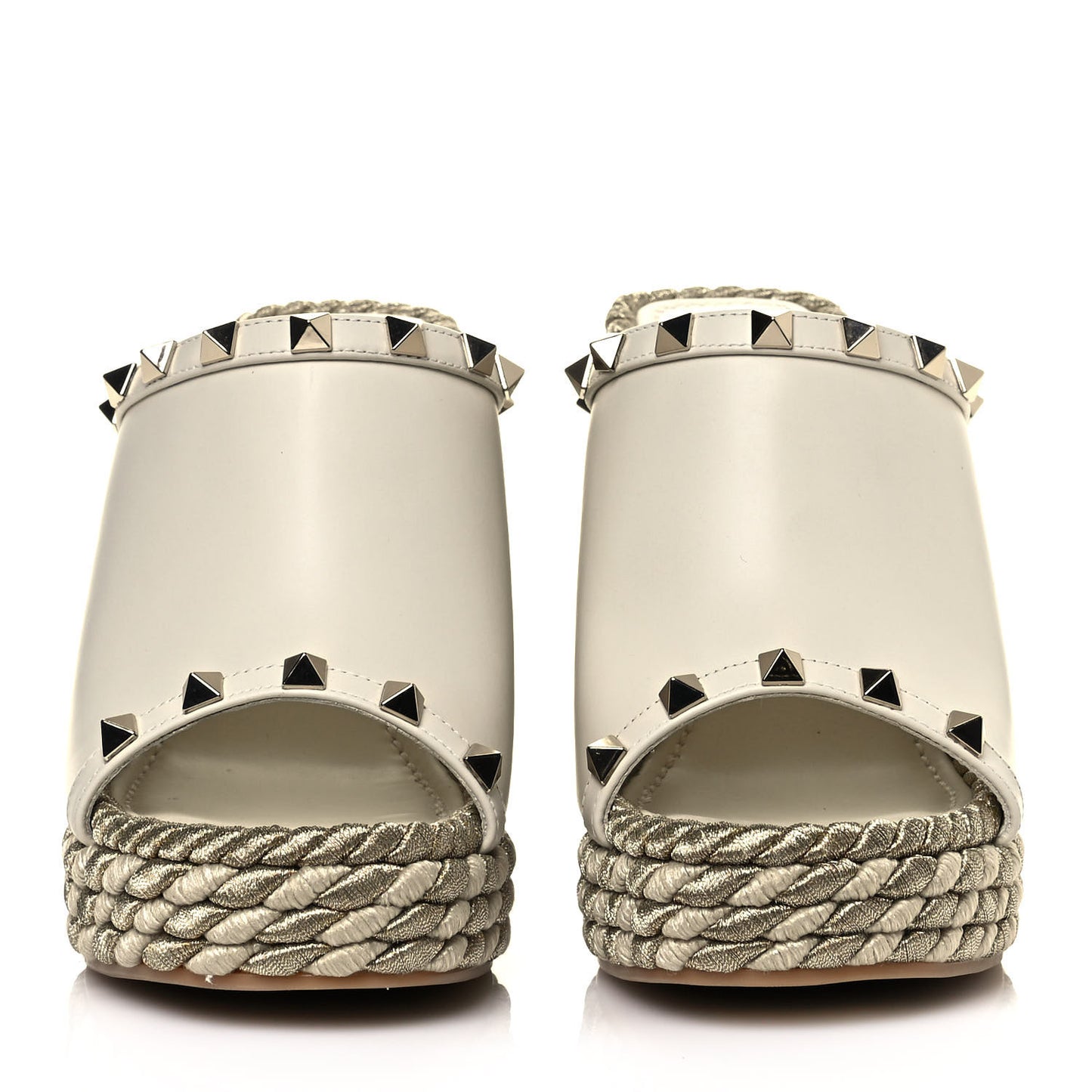 Calfskin Silk Rockstud Torchon Espadrille Wedge 25/115mm Slide Sandals 35 Light Ivory