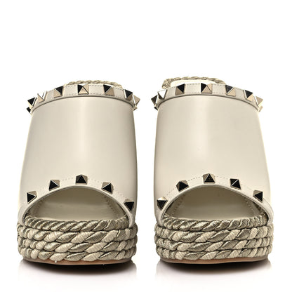Valentino Garavani Calfskin Silk Rockstud Torchon Espadrille Wedge 25/115mm Slide Sandals 35 Light Ivory 2 of 11
