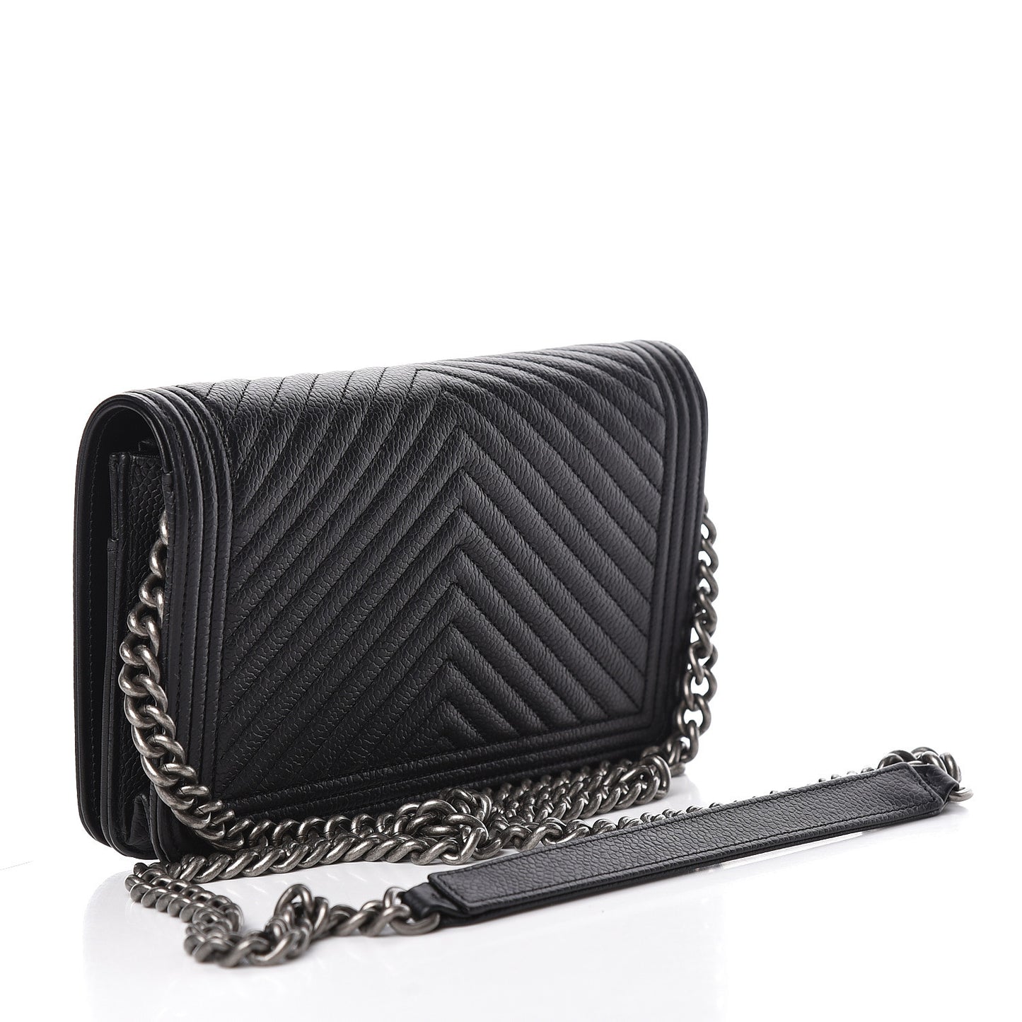 Grained Calfskin Chevron Quilted Boy Wallet On Chain WOC Black