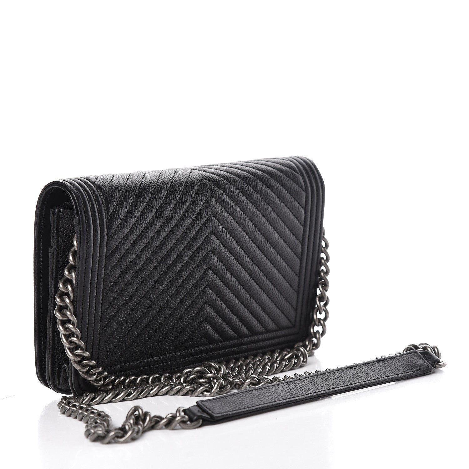 Chanel Grained Calfskin Chevron Quilted Boy Wallet On Chain WOC Black 3 of 14