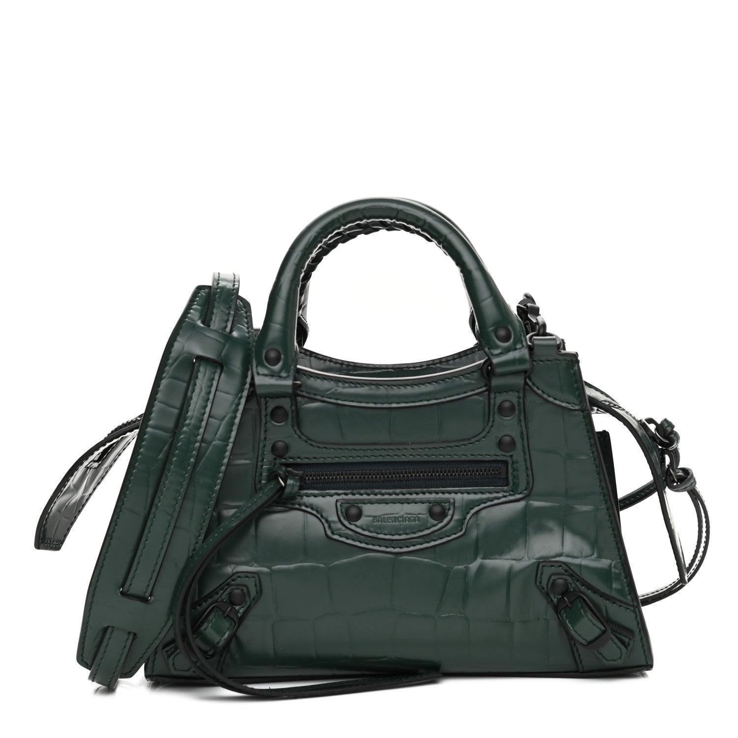 Balenciaga Semi Shiny Calfskin Crocodile Embossed Neo Classic Black Hardware Mini City Forest Green 1 of 11