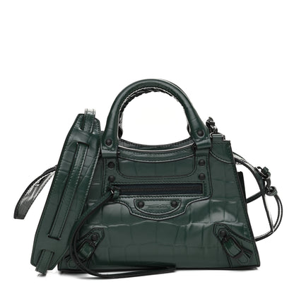 Balenciaga Semi Shiny Calfskin Crocodile Embossed Neo Classic Black Hardware Mini City Forest Green 1 of 11