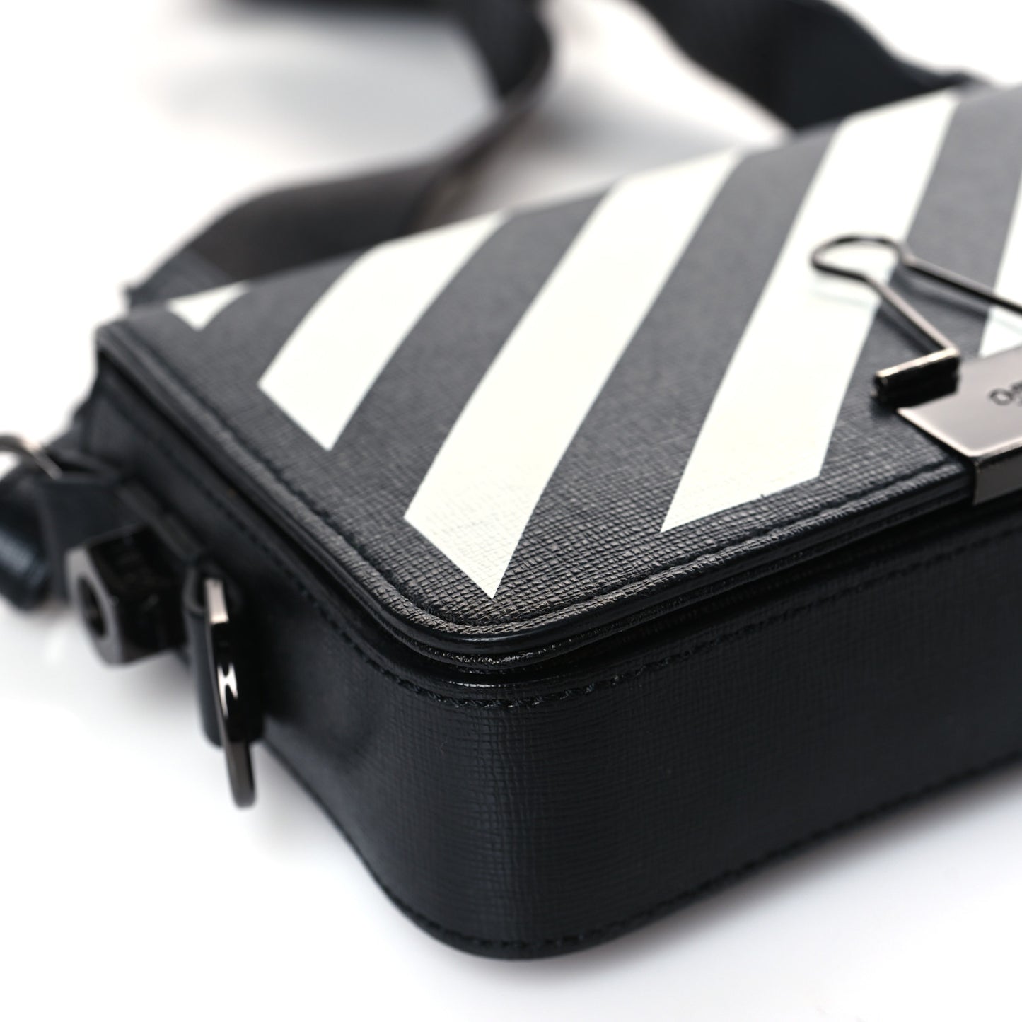 Saffiano Striped Mini Diag Binder Clip Bag Black White