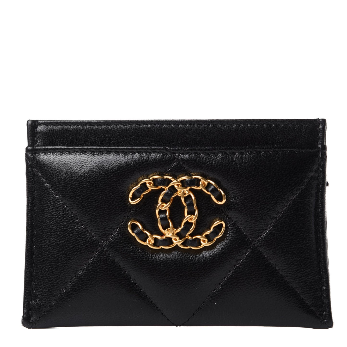 Shiny Goatskin Quilted Chanel 19 Card Holder Black