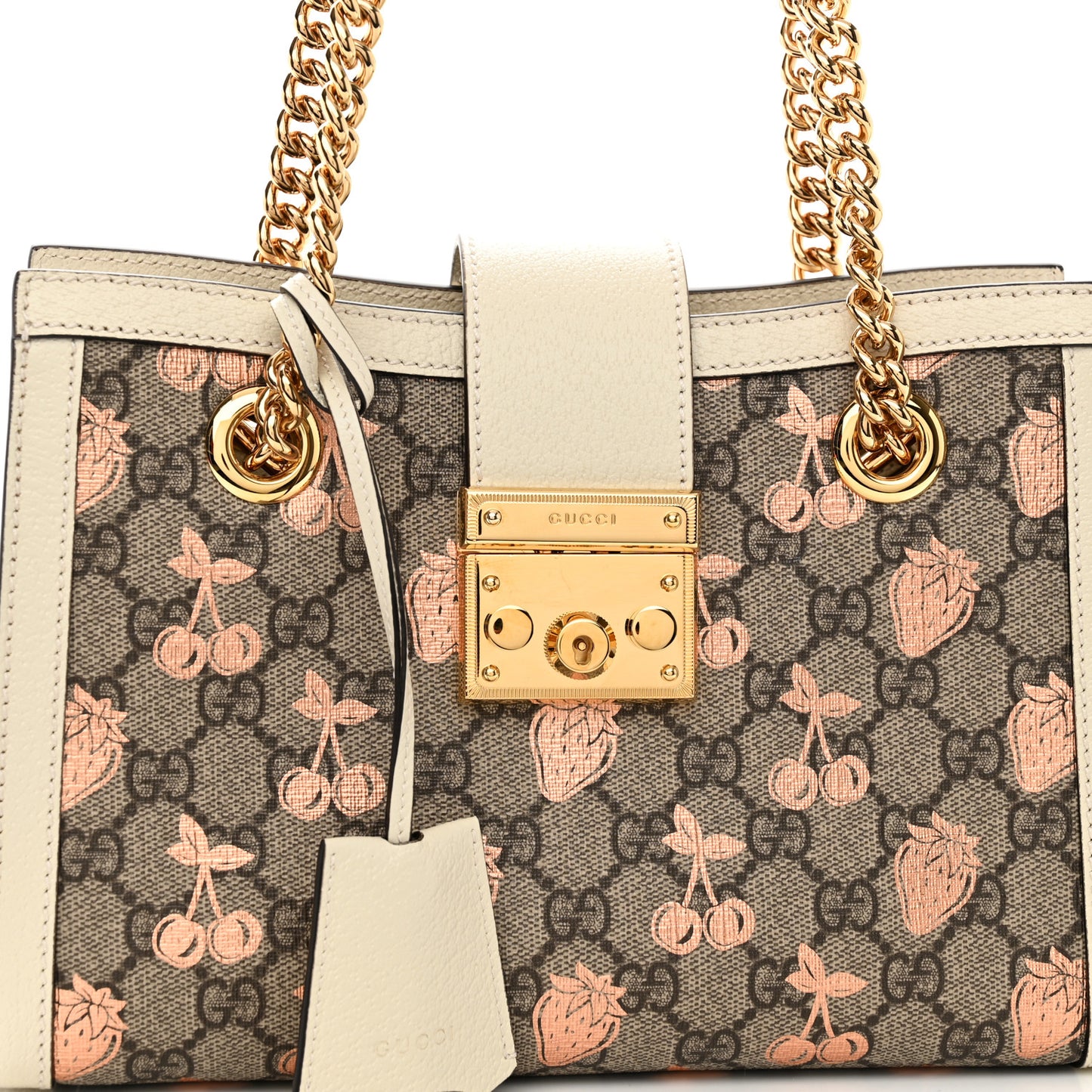 GG Supreme Monogram Berry Textured Dollar Calfskin Small Padlock Tote Beige Ebony Light Copper Mystic White