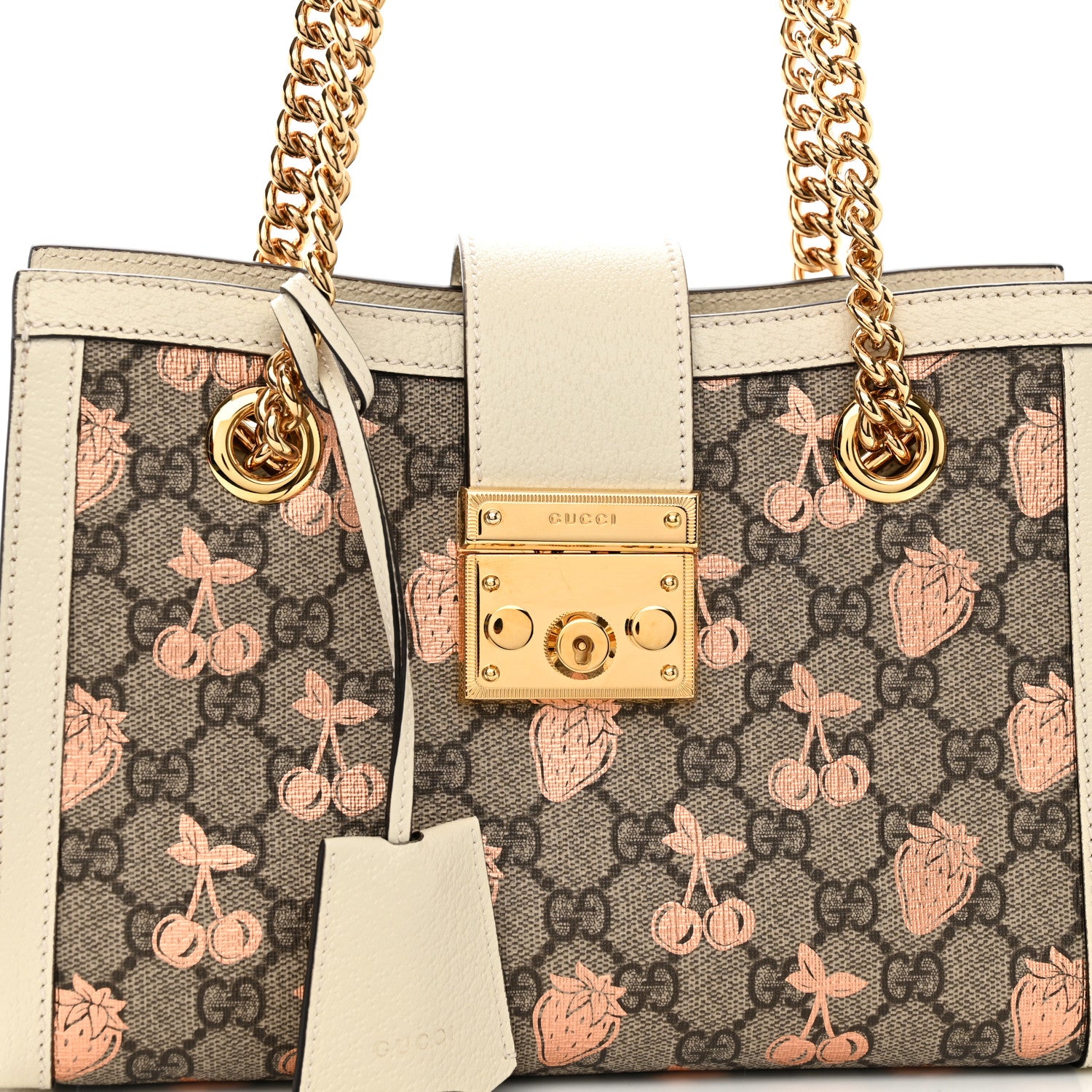 Gucci GG Supreme Monogram Berry Textured Dollar Calfskin Small Padlock Tote Beige Ebony Light Copper Mystic White 9 of 10