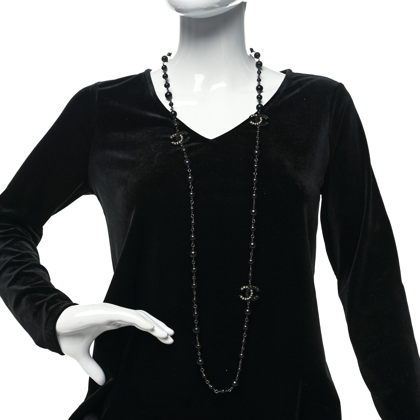 Pearl Beaded Crystal CC Long Necklace Black