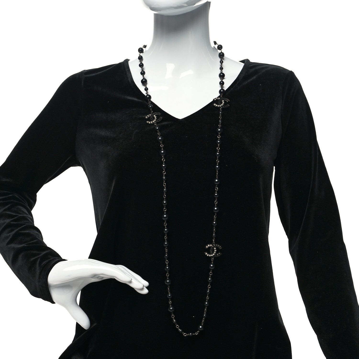 Chanel Pearl Beaded Crystal CC Long Necklace Black 2 of 5