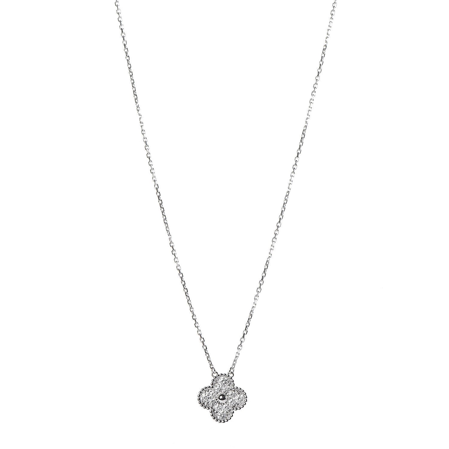 18K White Gold Diamond Vintage Alhambra Pendant Necklace