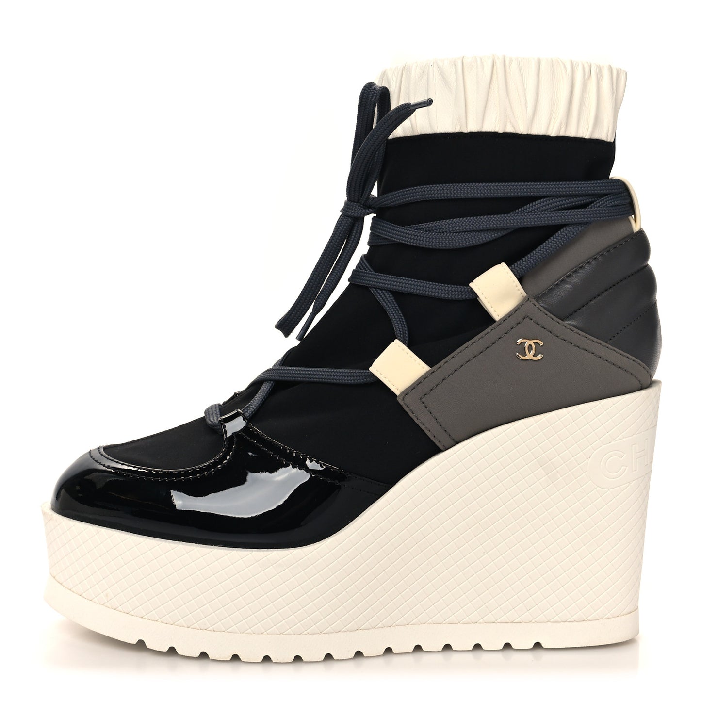 Patent Calfskin Runway Wedge Short Platform Boots 39 Grey White