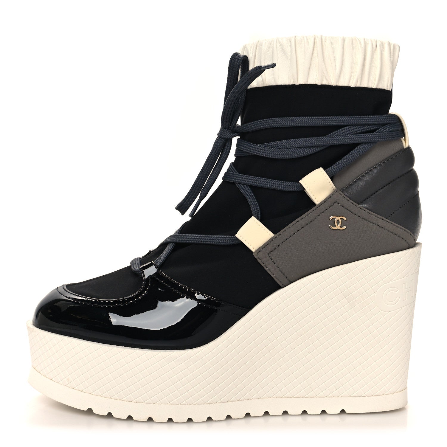 Chanel Patent Calfskin Runway Wedge Short Platform Boots 39 Grey White 1 of 7