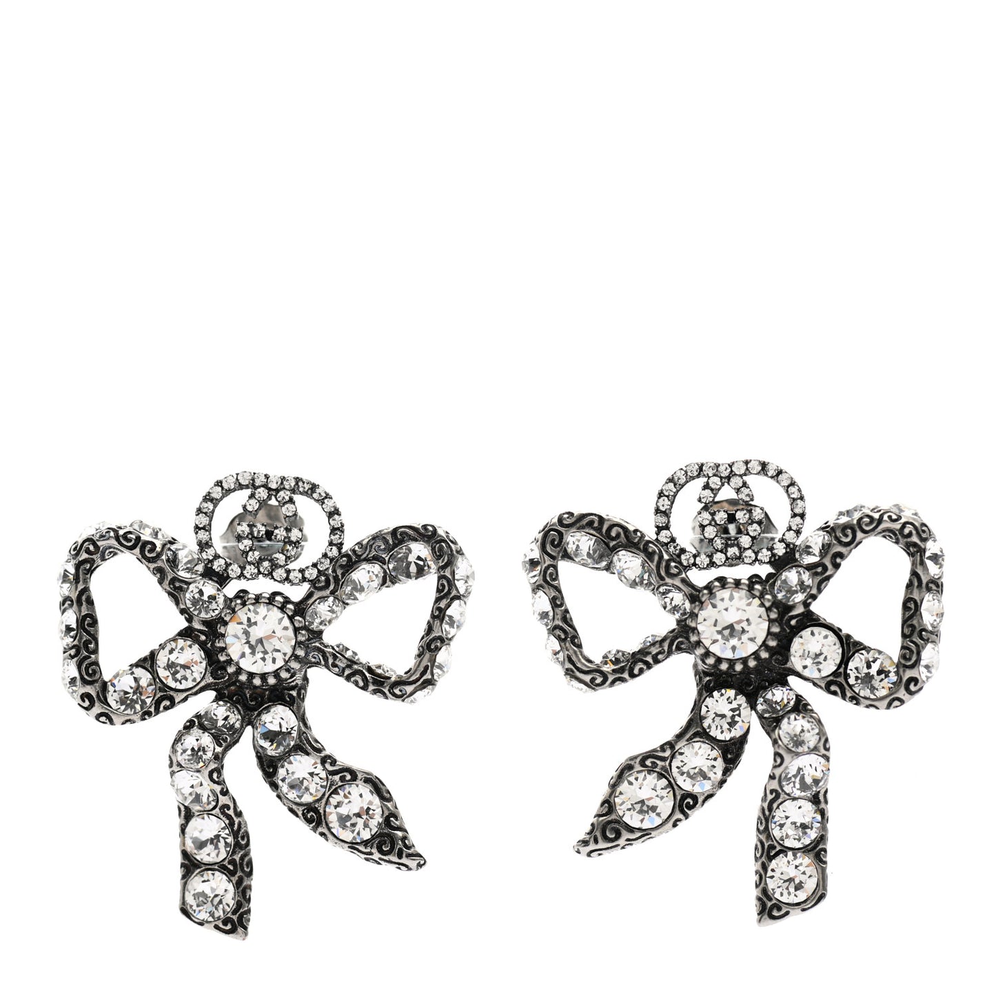 Metal Crystal Bow Earrings Silver