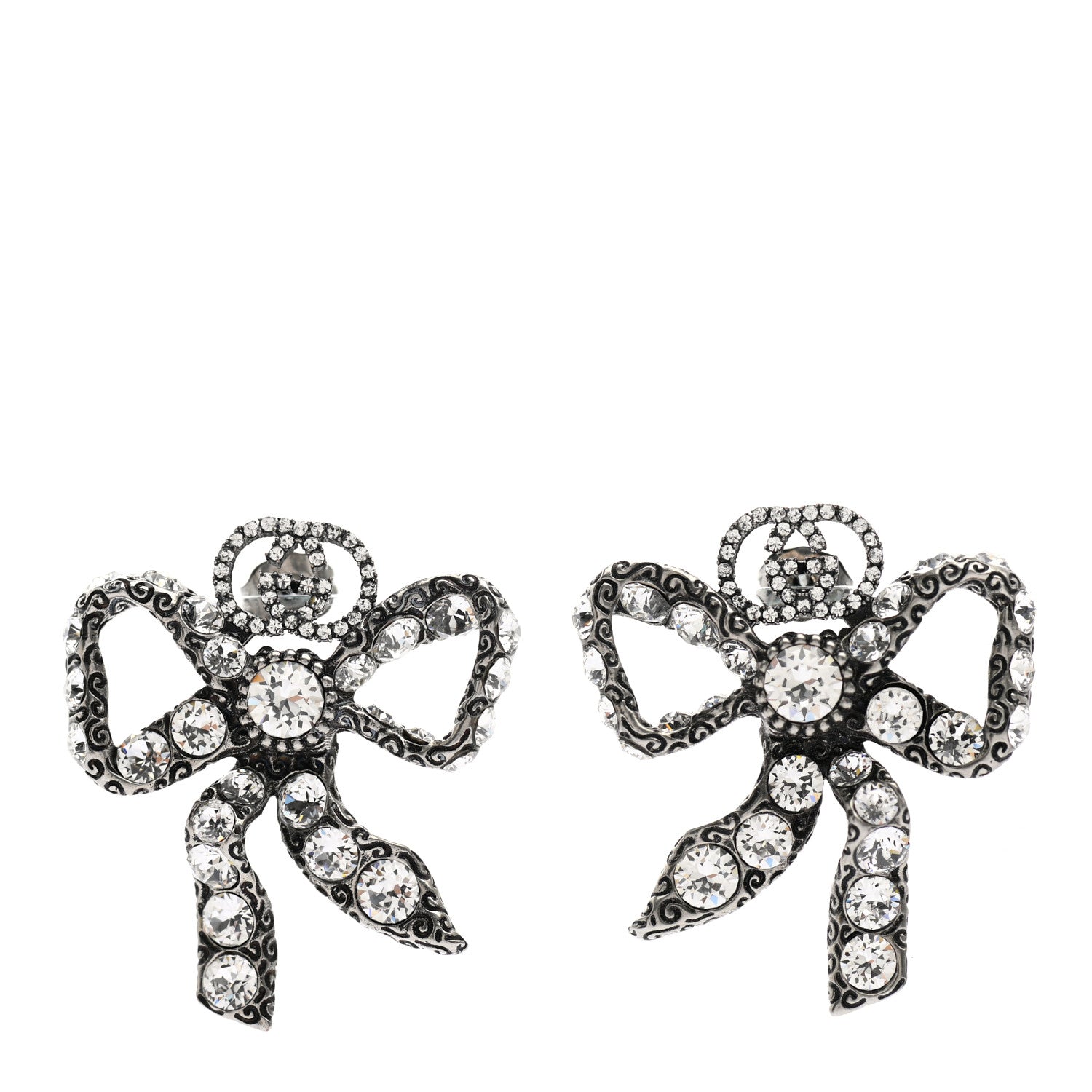Gucci Metal Crystal Bow Earrings Silver 1 of 4