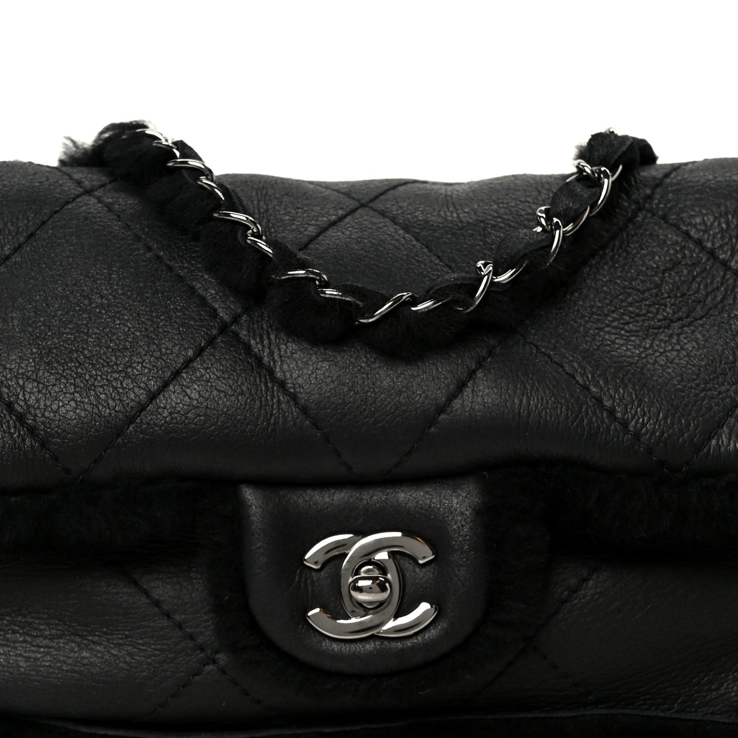 Shearling Quilted Medium Single Flap Black