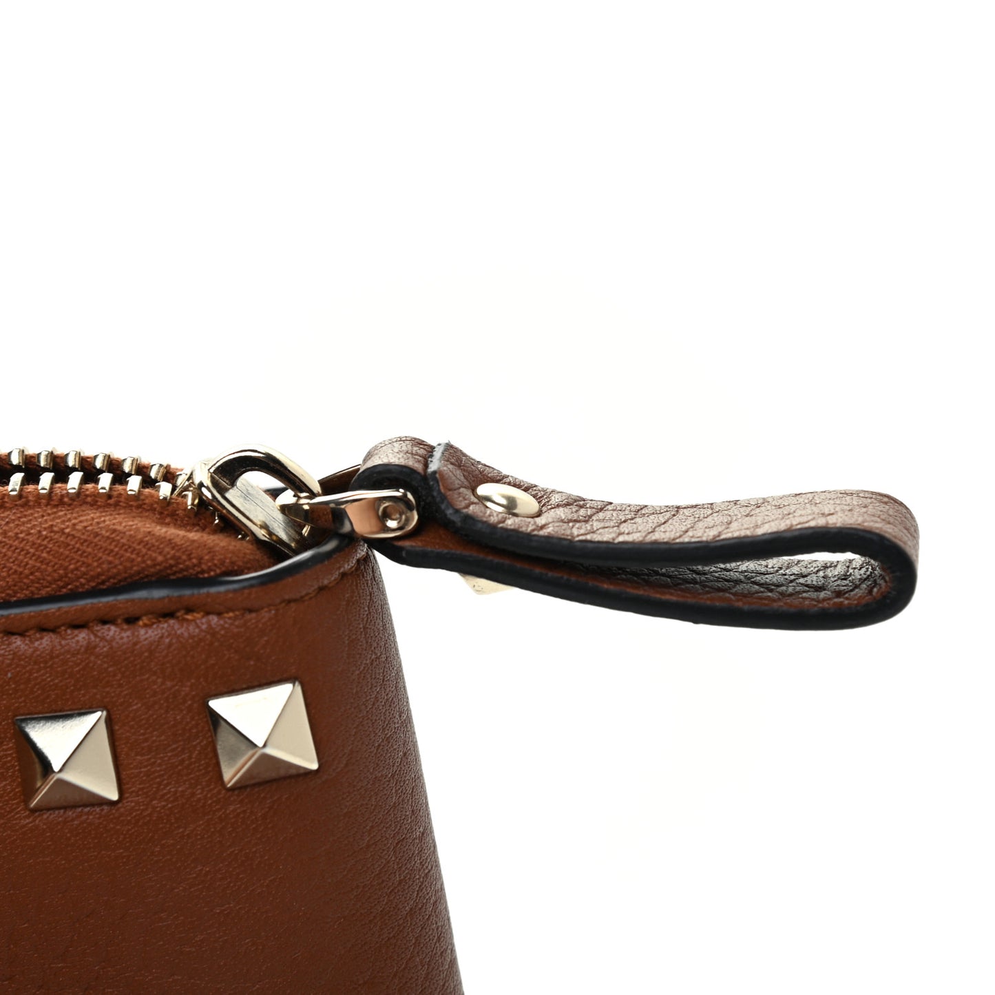Pebbled Calfskin Rockstud Zip Around Wallet Bright Cognac