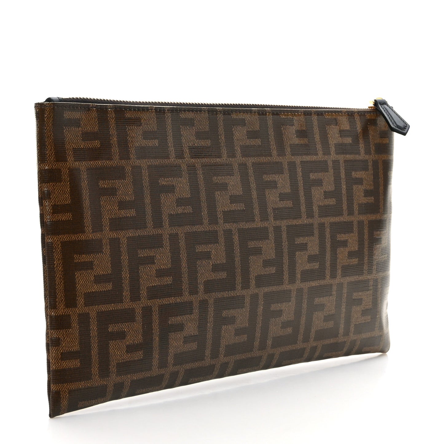 Glazed Fabric Vitello Century FF 1974 Stamp Patch Small FFreedom Flat Pouch Mogano Panna Black