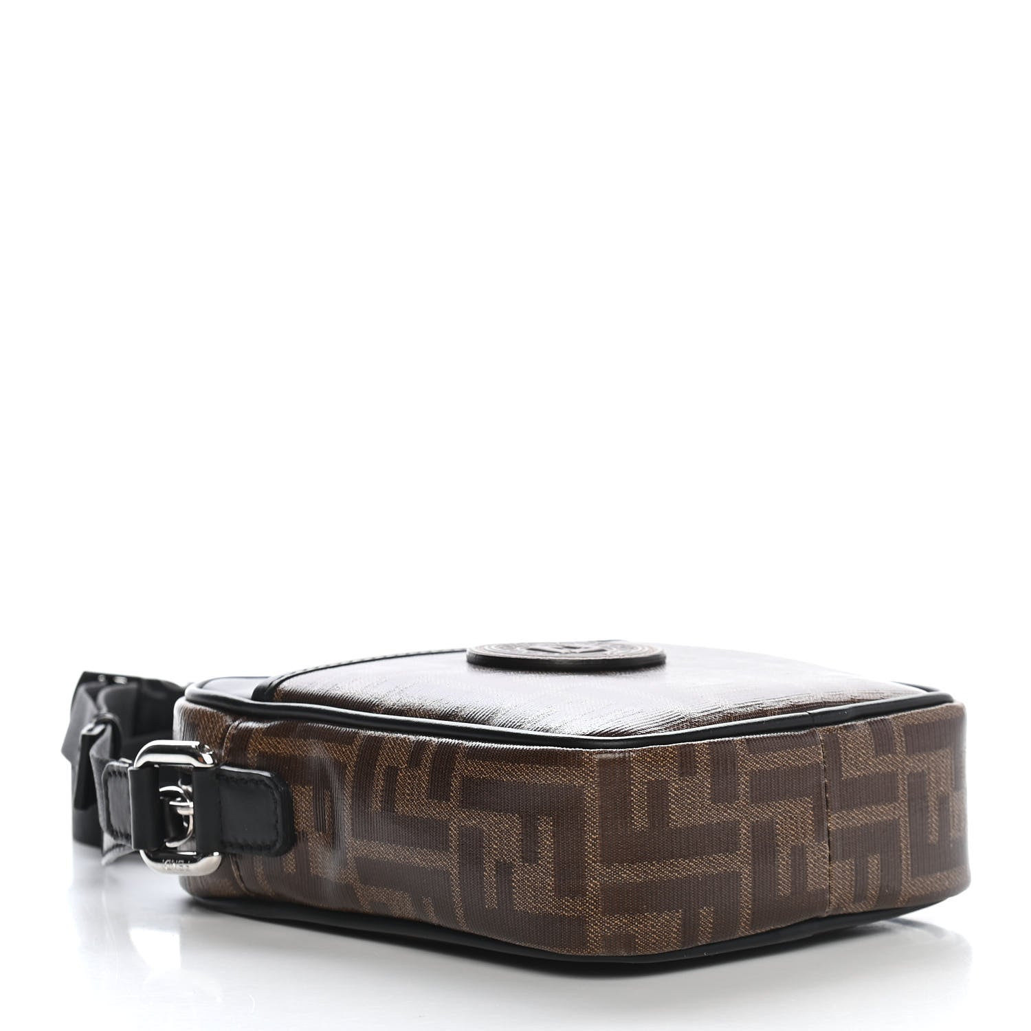 Fendi Glazed Fabric Vitello Century FF 1974 Stamp Patch Small Crossbody Messenger Mogano Panna Black 3 of 9