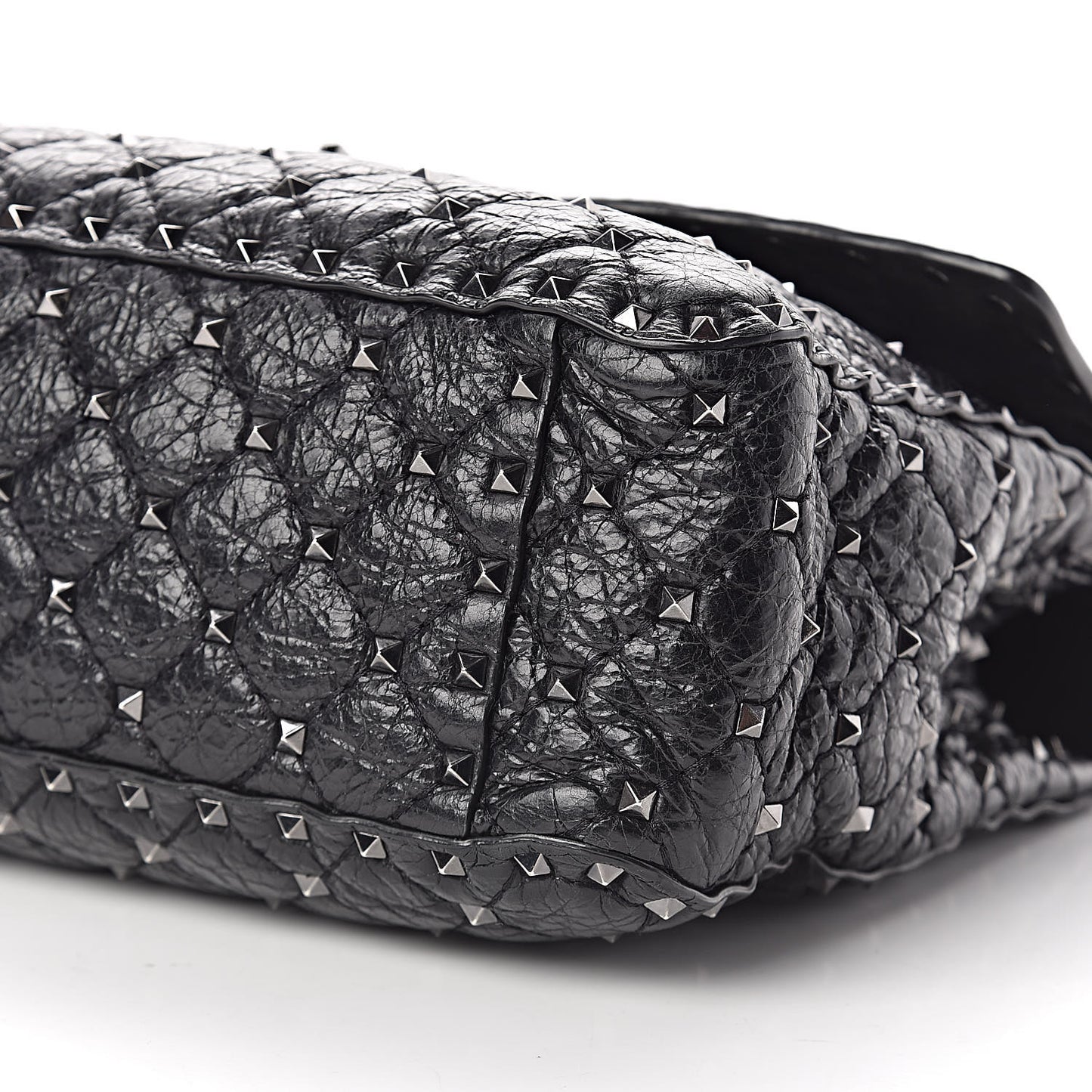 Craquele Nappa Large Rockstud Spike Shoulder Bag Black
