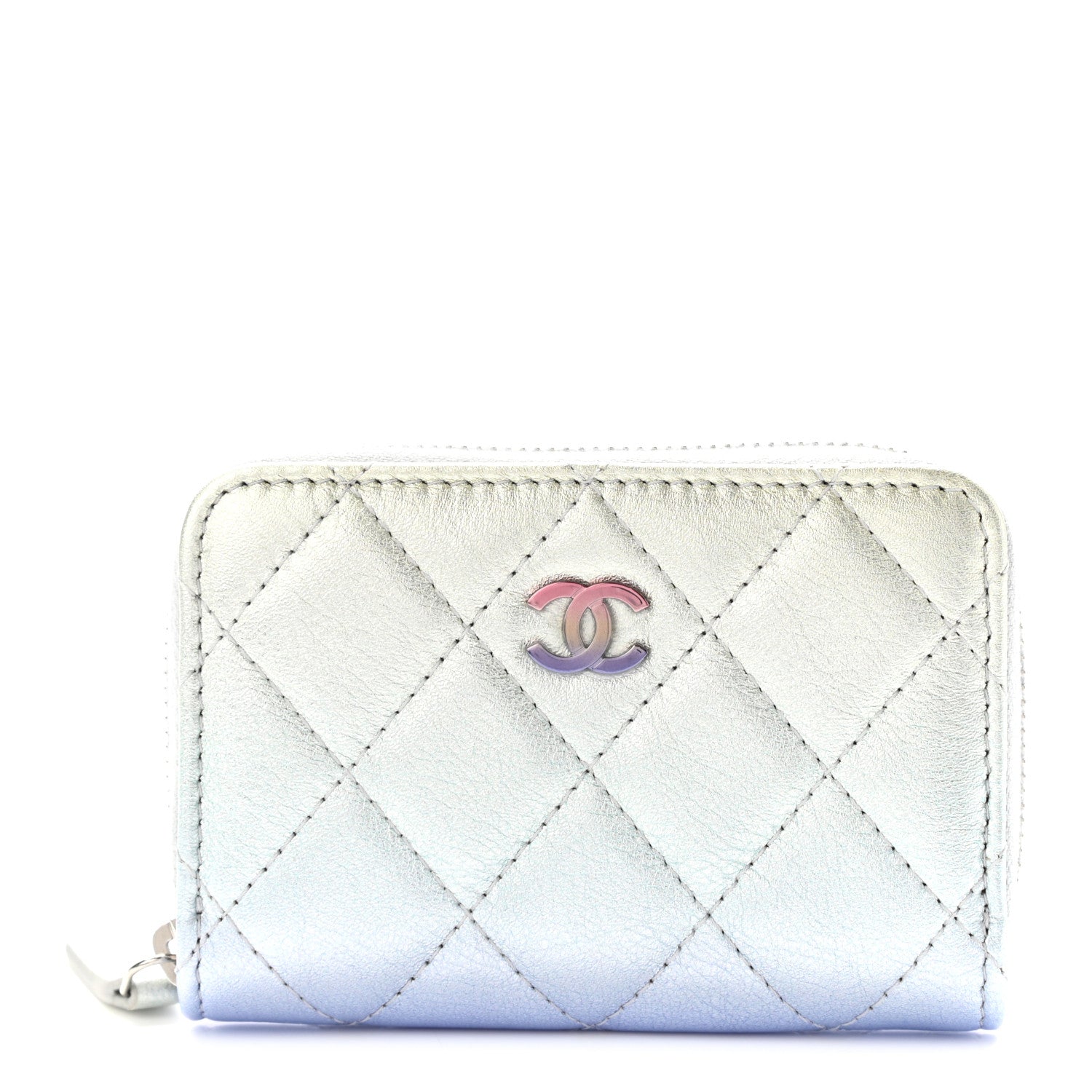 Chanel Gradient Metallic Calfskin Quilted Zip Around Coin Purse Wallet Silver Blue Yellow Purple 1 of 8