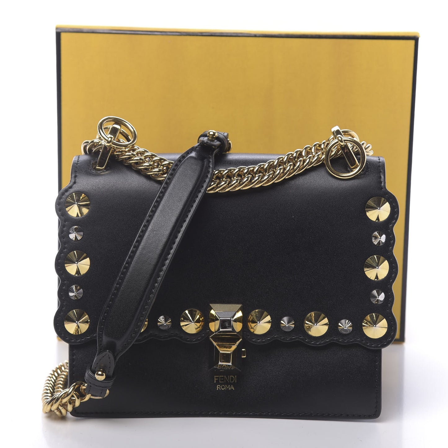Vitello Liberty Metal Scalloped Multi Studded Small Kan I Shoulder Bag Black