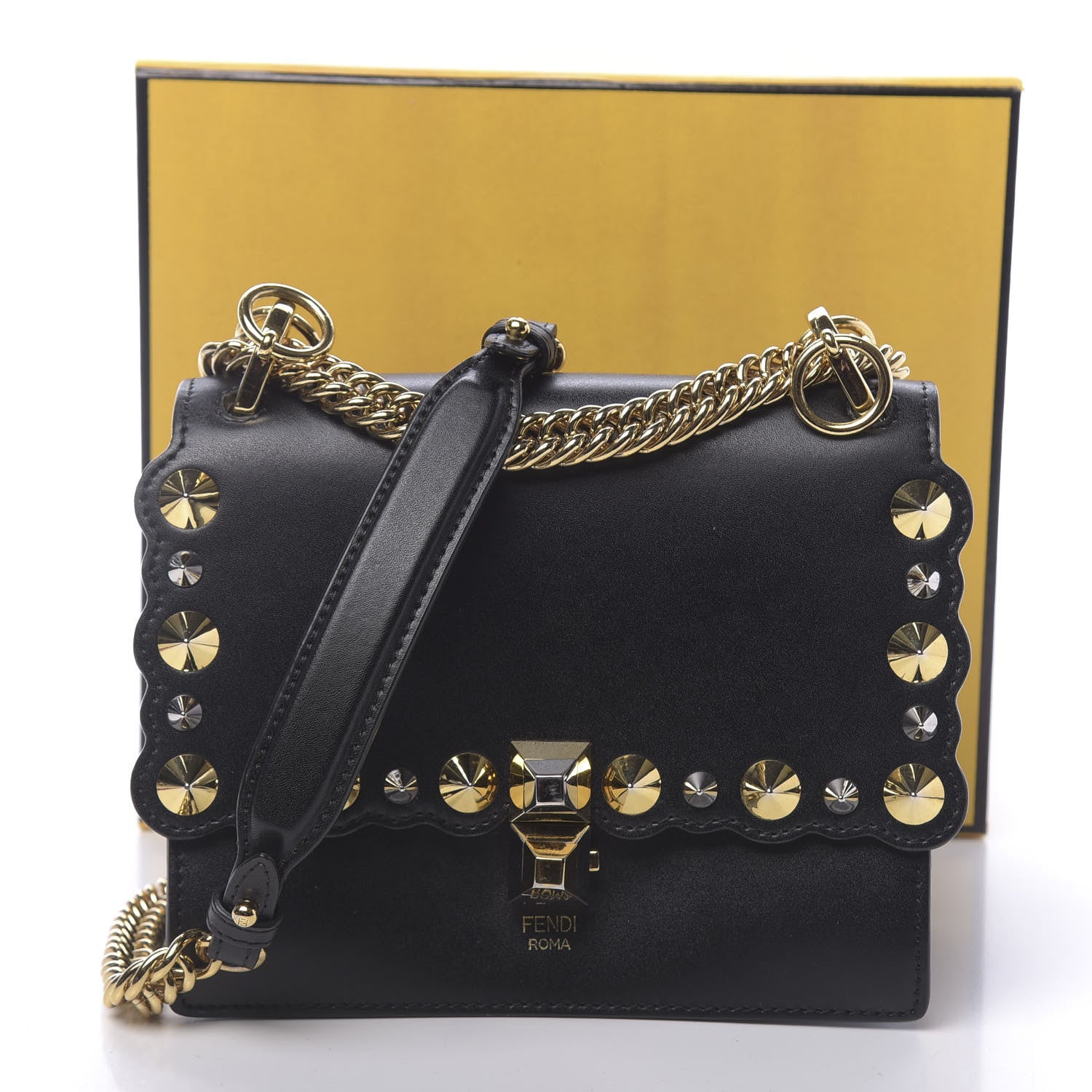 Fendi Vitello Liberty Metal Scalloped Multi Studded Small Kan I Shoulder Bag Black 11 of 11