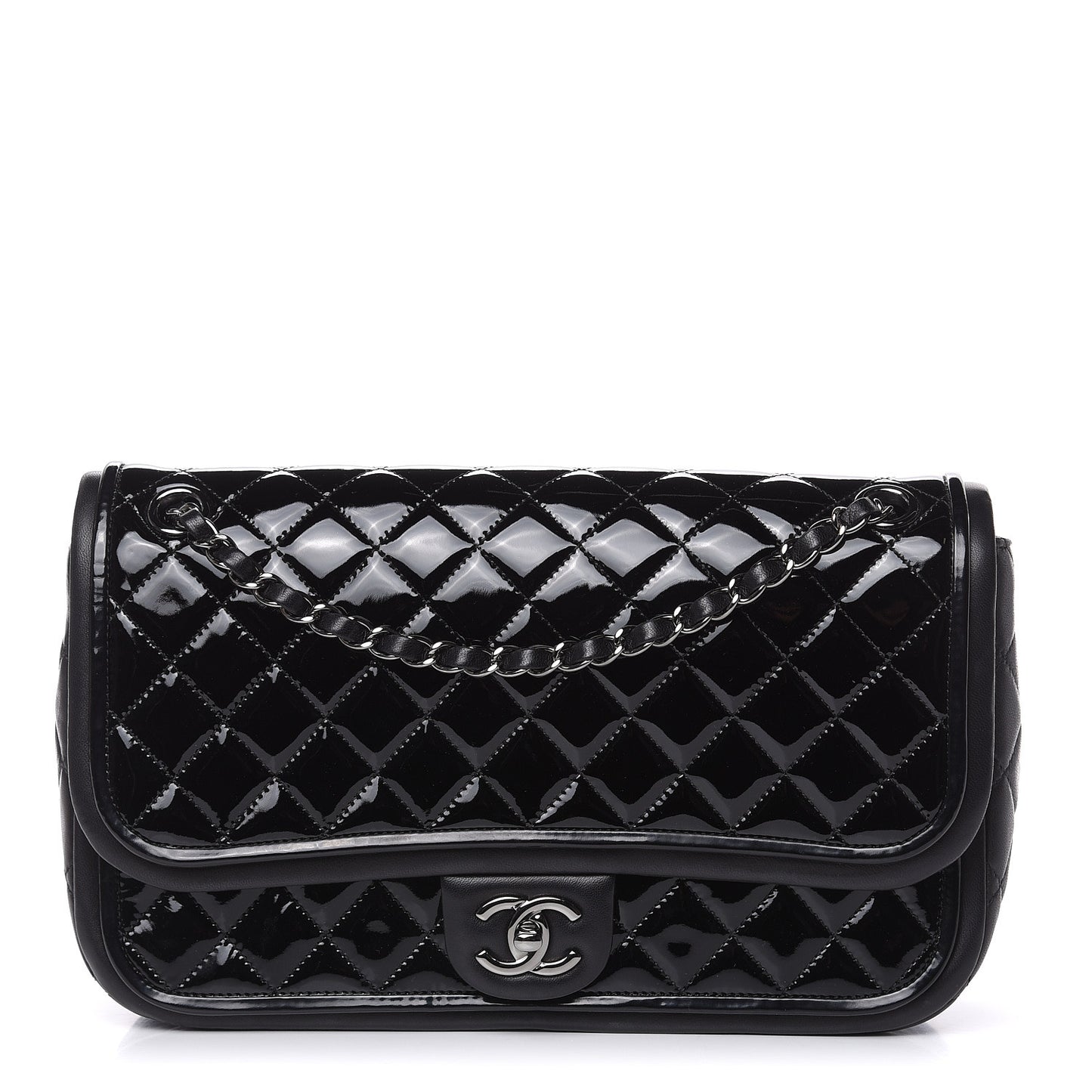Patent Quilted Jumbo Classic Twist Flap Bag Black