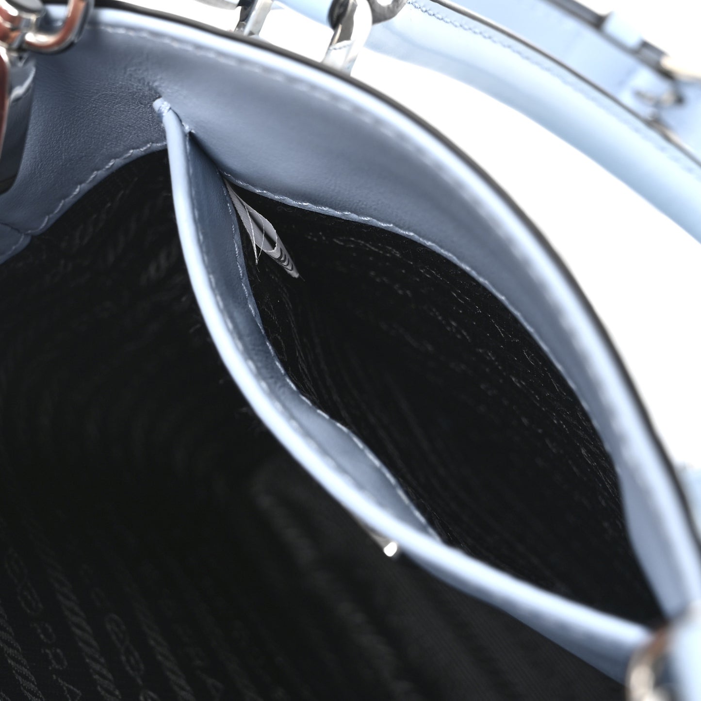 Spazzolato Metal Triangle Logo Small Double Handle Crossbody Tote Celeste Black