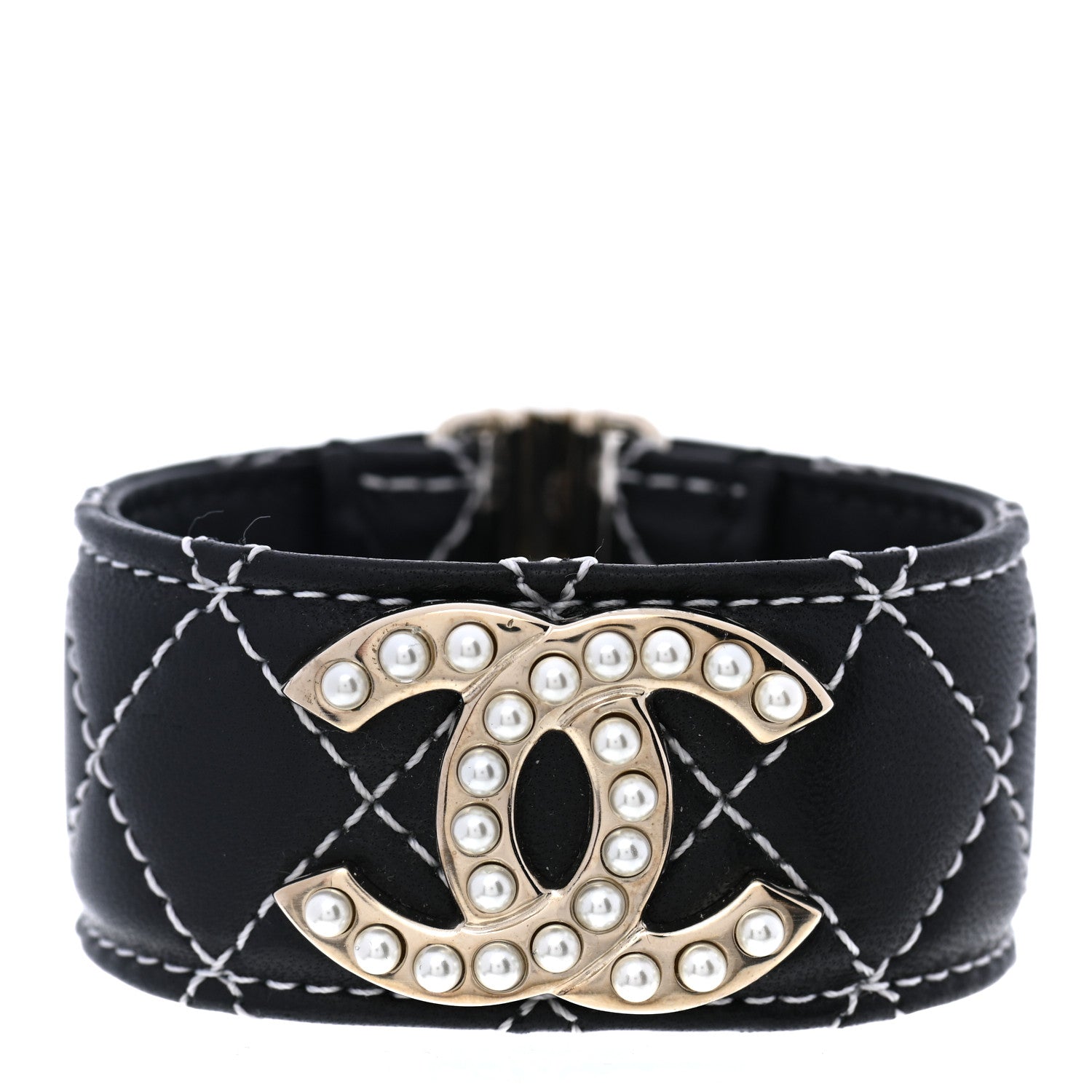 Chanel Lambskin Quilted Pearl CC Cuff Bracelet Black Gold 1 of 5